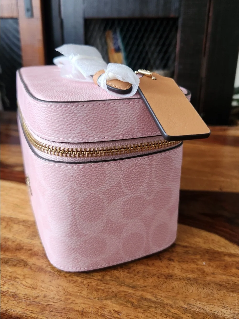 Coach Powder Pink Signature Canvas Cosmetic Case with Gold Hardware